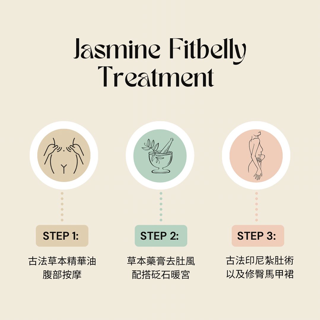 Jasmine Fitbelly 三步產後護理療程：草本精華油腹部按摩、草本藥膏配搭砭石暖宮、古法印尼紮肚術